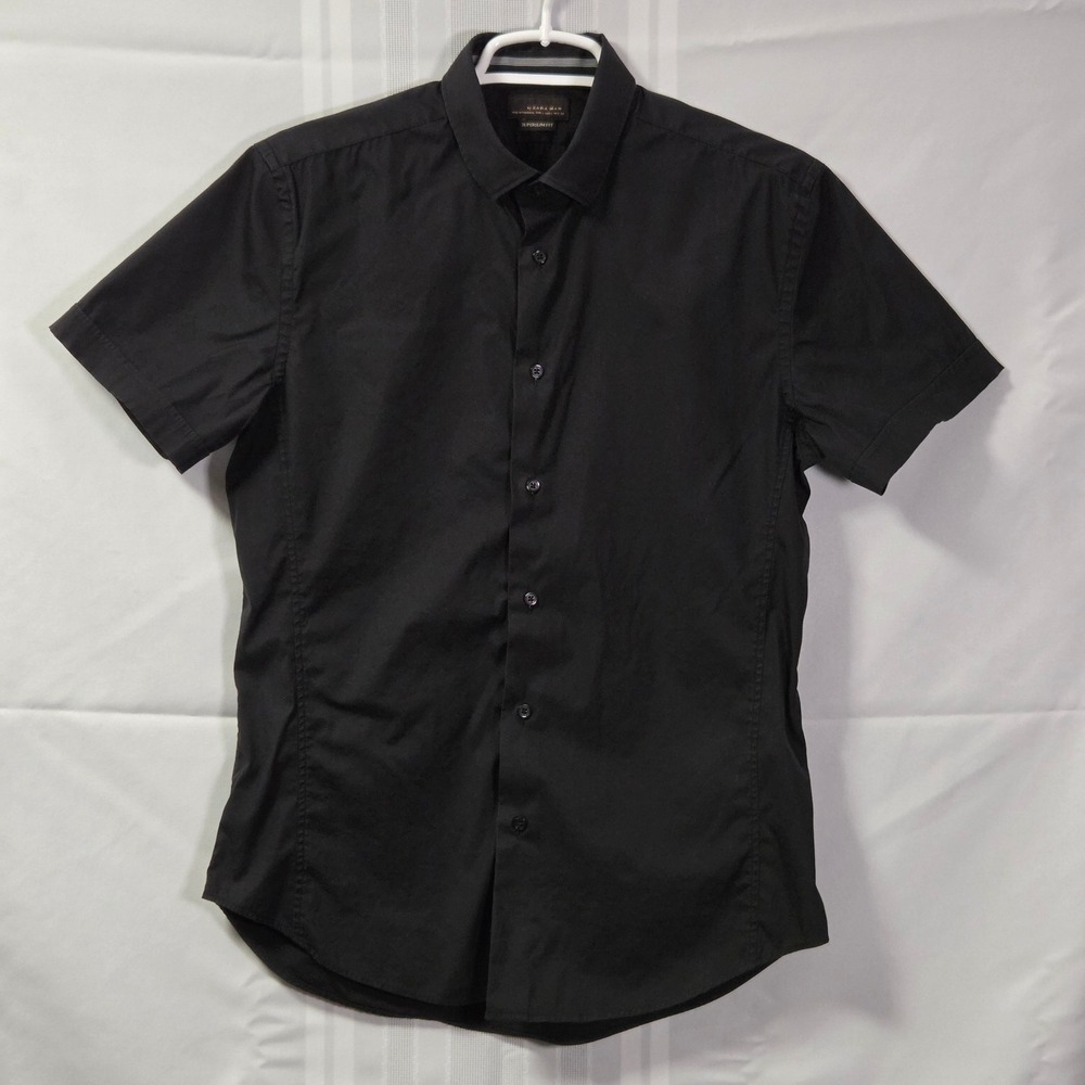 Zara Man Shirt Mens L Black Tag Superslim Fit Short Sleeve Button Down Solid